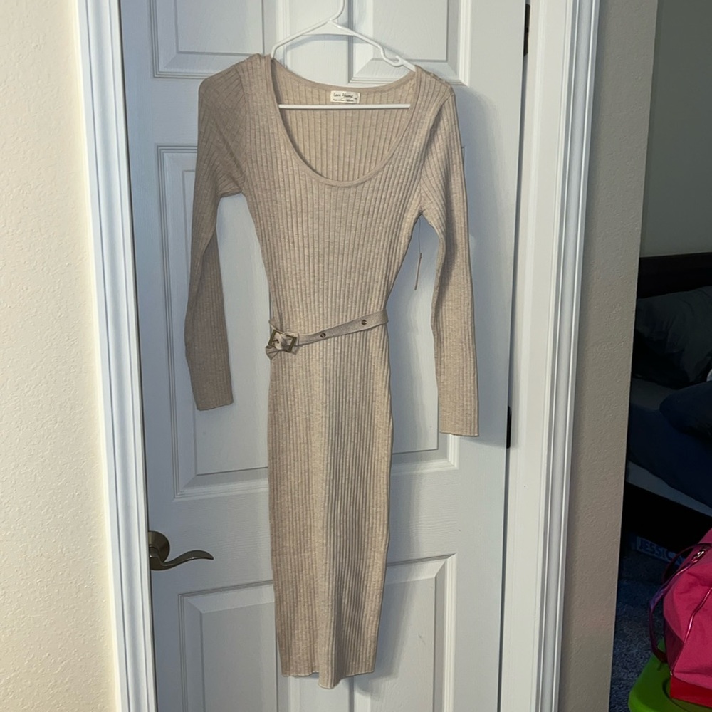 Love Always cream sweater dress with belt.